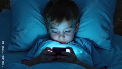 Young boy in bed uses mobile phone late at night. Bright blue light from screen illuminates face. Child focuses on smartphone in dark room. Kid plays game watches video. Digital screen media impacts