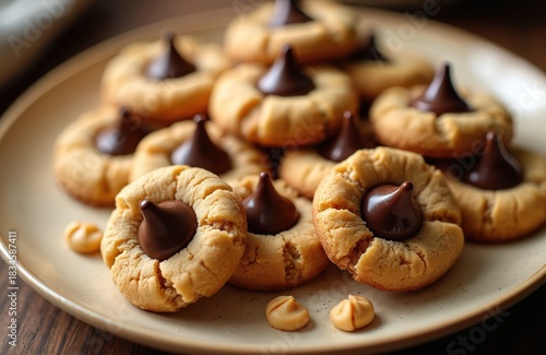 Plate full of peanut butter blossom cookies topped with chocolate. Baked sweets are chewy, rich, and perfect for holidays or any special occasion treat. Delicious dessert.