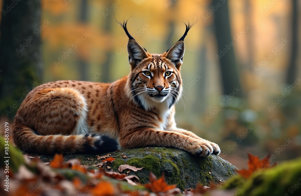 Obraz premium Eurasian lynx rests on mossy rocks in autumn forest. Spotted wildcat with tufted ears looks intently with striking eyes. Predator surveys its woodland habitat.