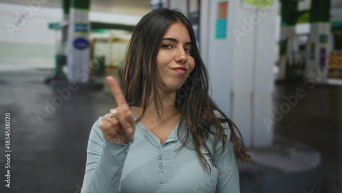 Free Download Young hispanic woman in blue shirt pointing finger at petrol pump on street while frowning; denial. - GFXLoad