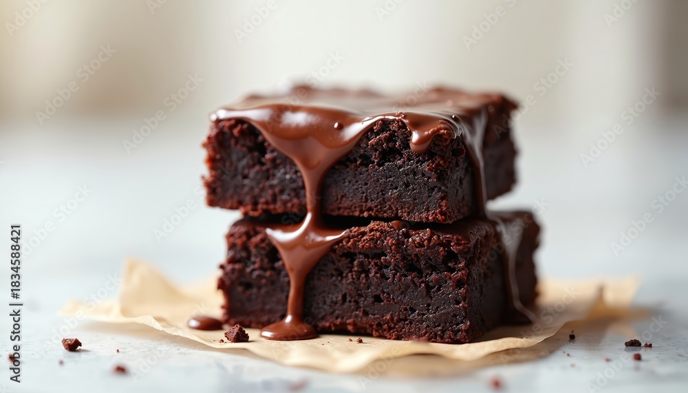 Naklejka premium Rich chocolate brownie slices stacked with melted chocolate glaze. Moist baked squares with gooey topping, perfect dessert for any occasion. Decadent sweet treat.