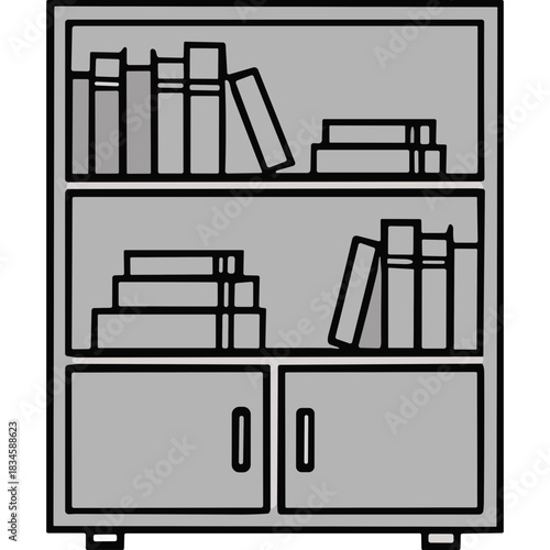 A Simple Line Drawing Of A Grey Bookshelf Filled With Books On Three Shelves And Two Doors Below On A Black Background Minimalist Outline Style Illustration