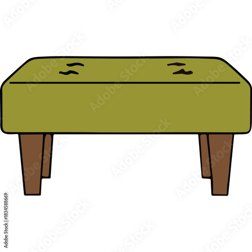 A simple olive green rectangular ottoman with four dark brown wooden legs rests on a solid black background isolated object minimal design
