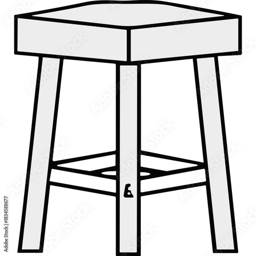 A simple minimalist illustration of a three legged wooden stool with geometric braces at the base in a clean white background with a faint grey tone and no objects or people present