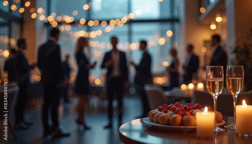 Fototapeta premium Blurred view of business people networking at an office party with food and champagne. Colleagues socialize and talk in a sophisticated indoor setting, illuminated by warm string lights and candles.