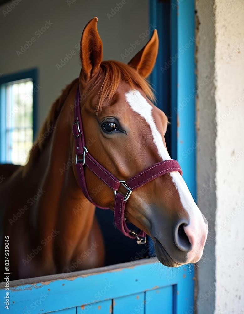 Fototapeta premium Brown horse head with white blaze looks from stable window. Domestic animal wears red halter. Watches farm surroundings calmly. Beautiful equine gentle eyes, reddish mane, peeking outside rustic blue