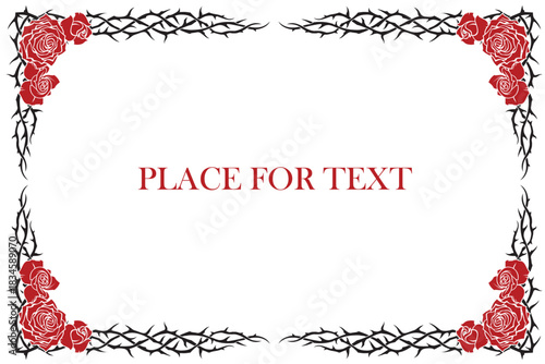 black frame of thorns image with red roses isolated on white background