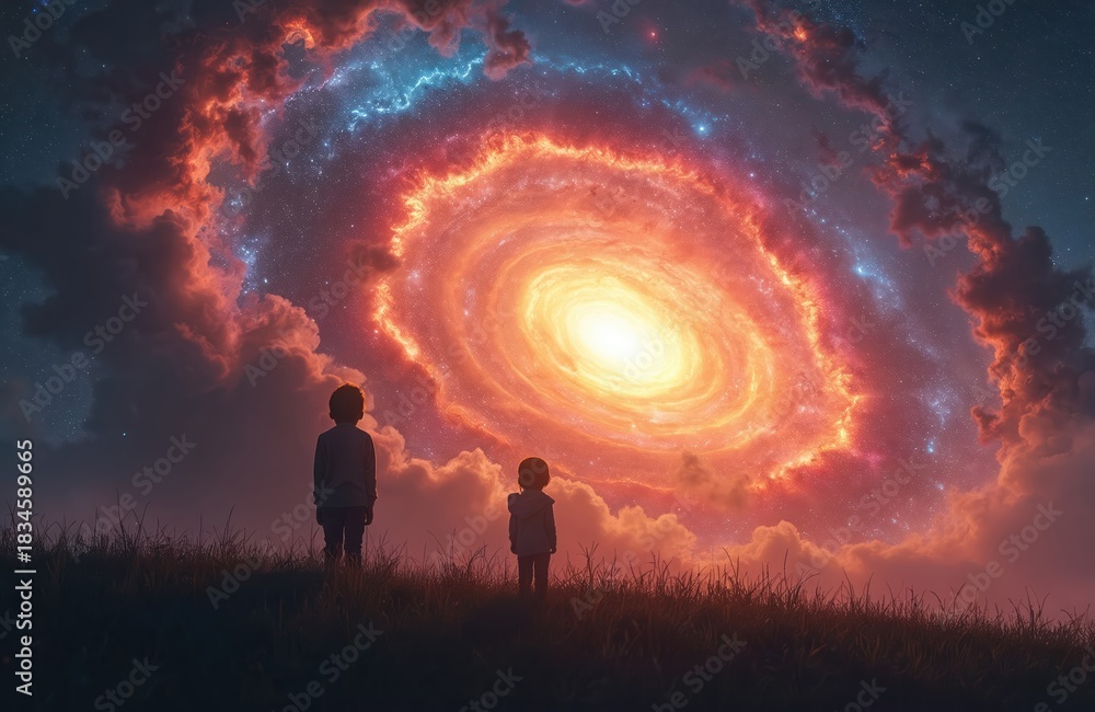 Fototapeta premium Two children gaze at a vibrant, swirling galaxy in the night sky. Fiery clouds and stars surround the cosmic phenomenon. The silhouette figures stand on a grassy hill at dusk.