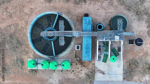 aerial view of clarifiers at a wastewater treatment facility, top down, process to clean and make drinkable water