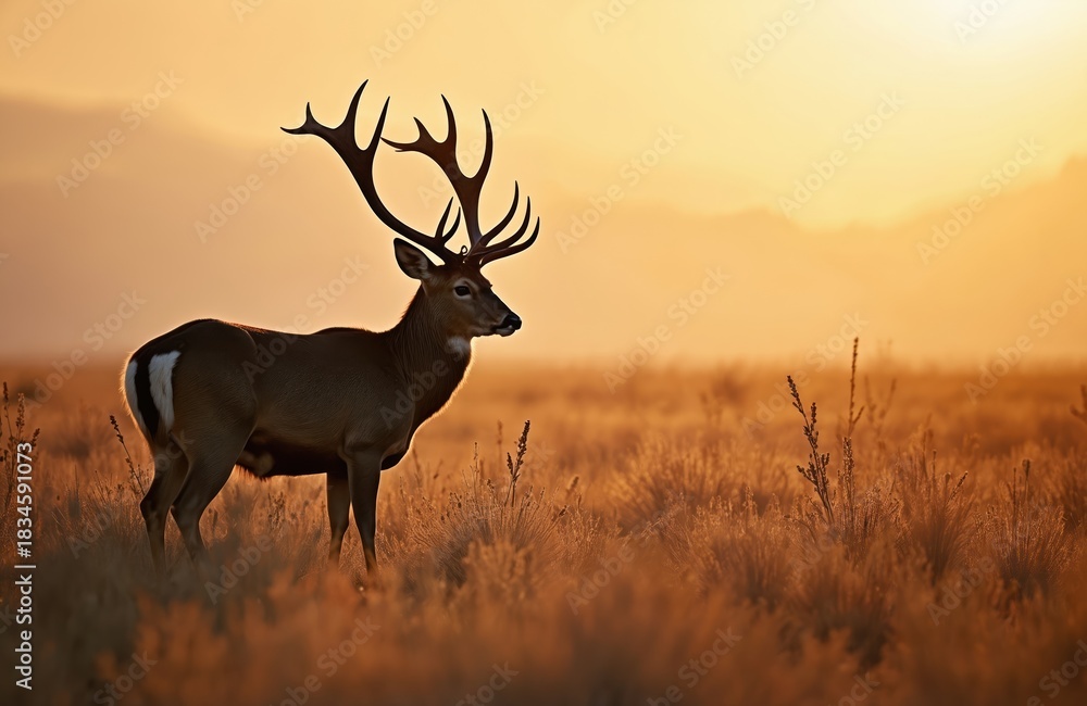 Obraz premium Majestic mule deer buck with large antlers stands in dry grass field at sunrise or sunset. Golden light illuminates the wild mammal in its natural habitat.