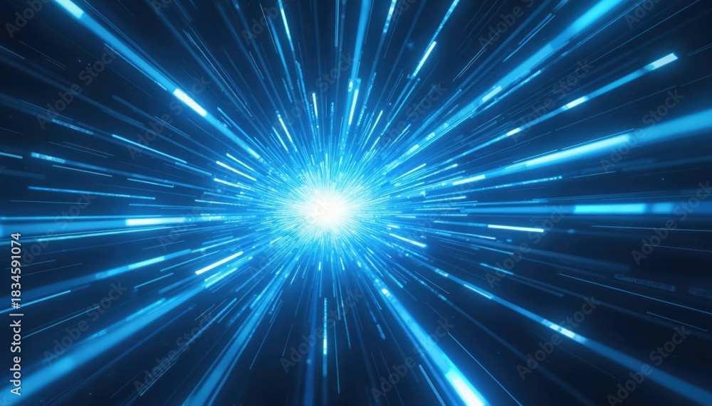 Fototapeta premium Bright blue light burst radiates from center. Many speed lines show fast motion, energy, data flow. Abstract tech background gives sense of future, innovation, cyber space. Vibrant tunnel of light