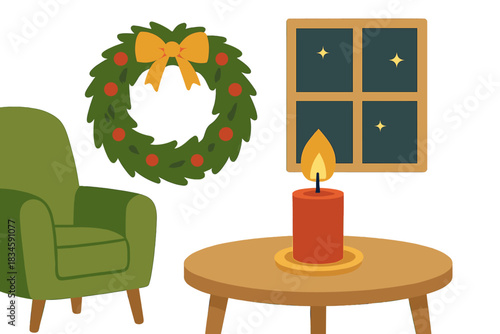 Christmas Eve is marked by a candle on the living room table and a fir wreath, with New Year's decorations inside, capturing the idea of preparing the house for both holidays