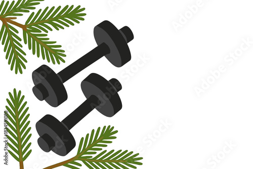 A Christmas-themed sports photo featuring fir branches and two black dumbbells against a white backdrop, taken from above with ample copy space, highlighting fitness, sport, and healthy living for