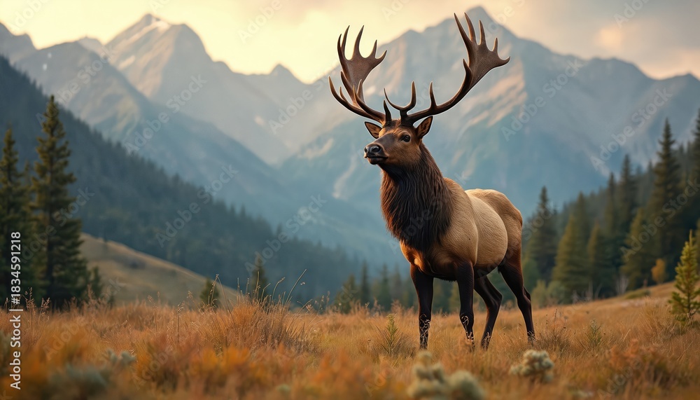 Fototapeta premium Majestic elk with large antlers stands in a dry grass meadow. Mountains and pine trees form a scenic backdrop under a soft sky. Wild animal in natural habitat.