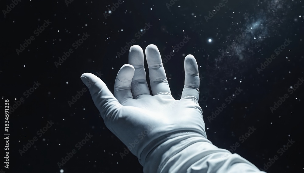 Fototapeta premium Astronauts white gloved hand reaches up into dark outer space. Hand explores universe, touches distant stars, faint nebula. Human future exploration, scientific discovery, galactic journey concept,