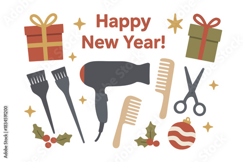 A white background design featuring New Year and Christmas greetings for a hairdresser, with space for text, and items such as hair coloring brushes, a hair dryer, combs, scissors, and New Year's