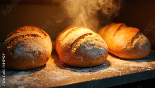 Freshly baked artisan loaves emerge from oven. Golden crust bread with visible steam rising. Warm, comforting, rustic bakery food preparation.