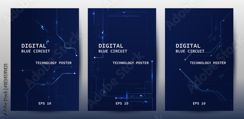Digital Blue Circuit Technology Poster Set, Futuristic Cyber Background
