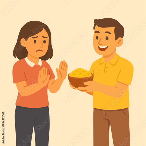 Woman Refusing Food Illustration Vector, Female Character Denying Offer, Allergy, Diet, or Eating Disorder Concept Design