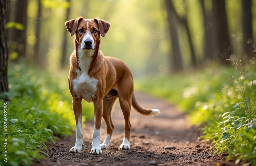 Naklejka premium Drahthaar dog on forest path. This hunting breed enjoys a spring walk. Loyal canine companion stands alert in nature. Sunlight filters through green trees.