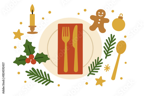 A holiday table arrangement featuring Christmas decorations and silverware, accented with gold accents against a white backdrop, ready for Christmas dinner, with copy space shown from a top‑down