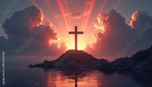 Dramatic sky with bright sunlight rays from behind cross on mount near water. Light illuminates clouds. Faith concept image. Religion theme background. Christian symbol on a sunset background.