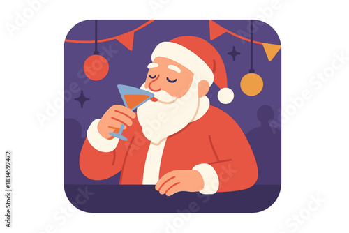 Photo of Santa Claus drinking alcohol at a club during a Merry Christmas and New Year party, featuring fictional characters created by