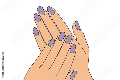 Stunningly groomed women's hands adorned with a matte lavender nail design set against a purple background, exemplifying a manicure and pedicure salon concept