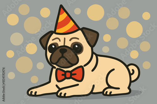 A pug wearing a humorous hat and bow tie reclines against a gray backdrop adorned with lovely festive bokeh