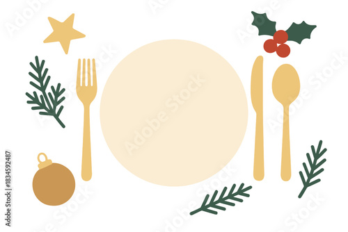 An empty Christmas table setting featuring golden accessories against a gray backdrop, viewed from above, leaving space for text