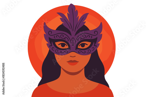 A woman dons a carnival mask against a radiant red backdrop