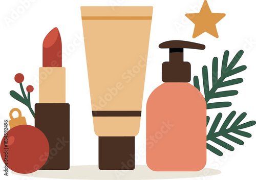 Christmas-themed makeup arrangement on a white background