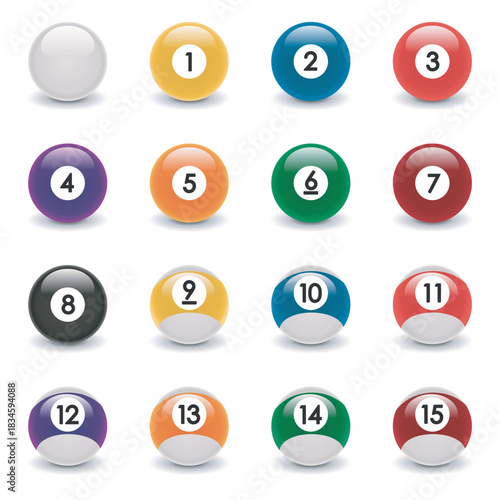 Collection of Billiard Balls Numbered One to Fifteen and White Ball.