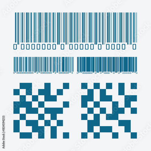 Various Types of Barcodes and QR Codes for Digital Information.