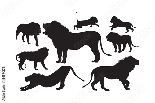 Collection of Diverse Lion Silhouettes in Various Poses.