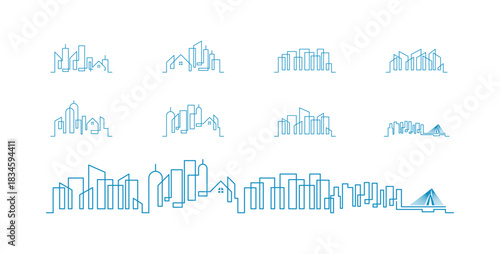 Collection of minimalist city skyline illustrations in blue outl