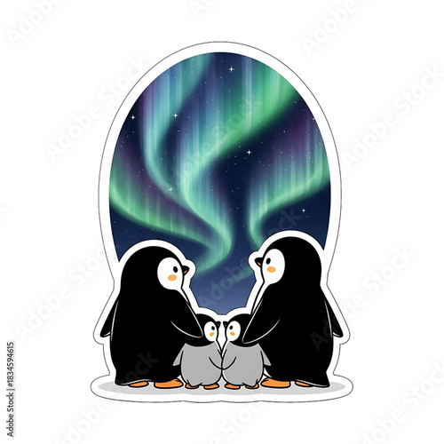 Two penguins admire a glowing aurora beneath the night sky.