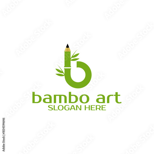 Green Bamboo Letter B Logo Design with Pencil Tip.