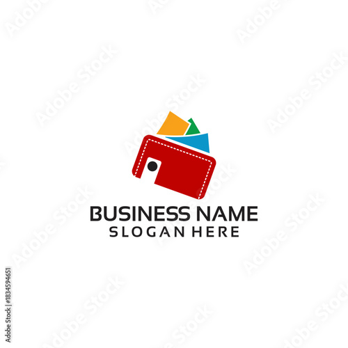 Red wallet with colorful cards peeking out logo design.