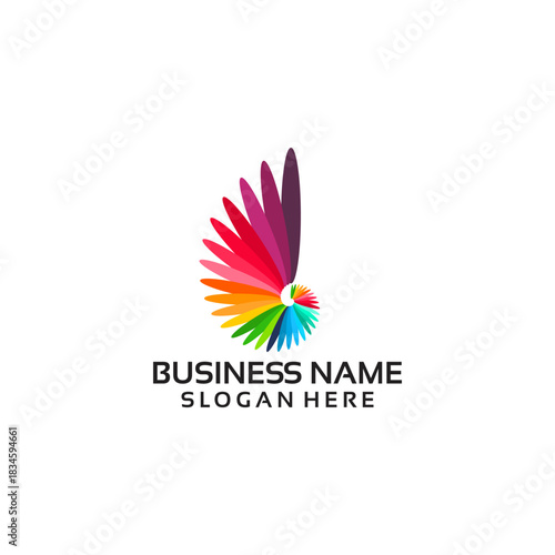 Colorful abstract logo design with a feather-like shape and text placeholder.