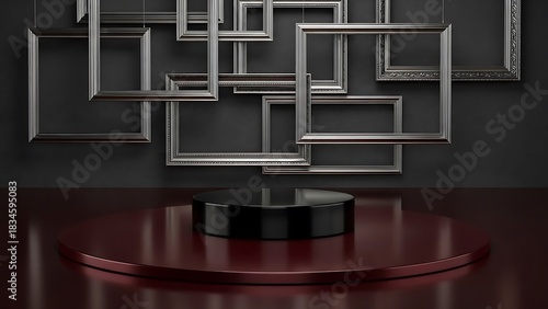Sophisticated platform display with floating vintage picture frames backdrop