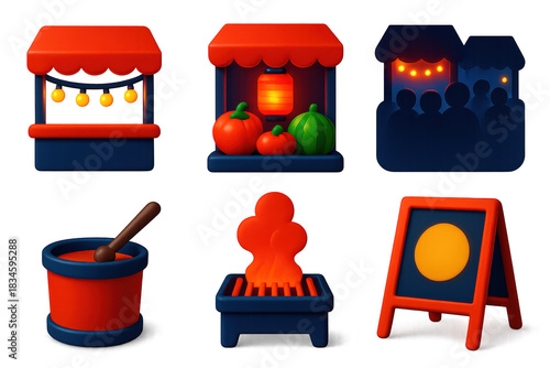 Night Market Icons. 3D icon set of night market atmosphere: string lights over stall, lantern glow on produce, silhouette crowd
