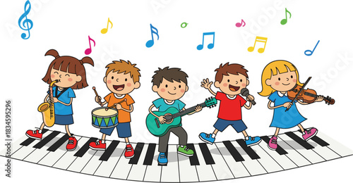 Children playing musical instruments illustration, cartoon style, piano keyboard, music notes, teamwork, joy, education, vector graphic, artChildren playing musical instruments illustration, cartoon 