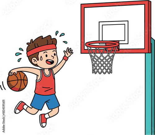 Basketball player cartoon illustration, slam dunk action, sports moment, athletic child, hoop, energy, vector graphic, dynamic pose, art