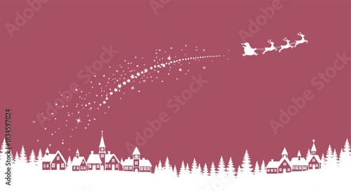 Santa's sleigh with reindeer flying across a starry sky above a cozy winter village silhouette for festive holiday graphic