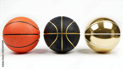 Elevate your brand with this dynamic studio shot featuring a trio of basketballs in classic orange, sleek black, and luxurious gold finish on white background.