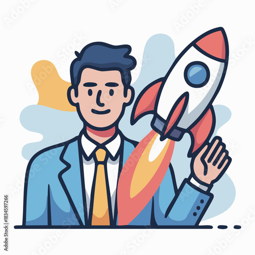 A cartoon illustration of a businessman in a suit holding a launching rocket, symbolizing startup success and business growth.