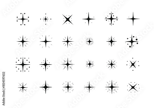Diverse black sparkle effect icons collection on a clean white background for various design projects and graphic elements creation