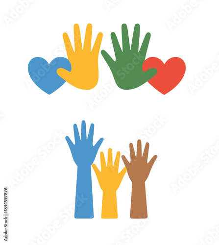 Vector illustration set depicting diverse hands reaching up together, symbolizing teamwork, volunteering, inclusion, and global connection through shared affection and help.