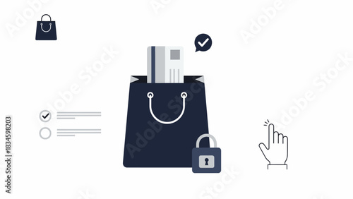 E-commerce security illustration showing secure credit card payment in a shopping bag.